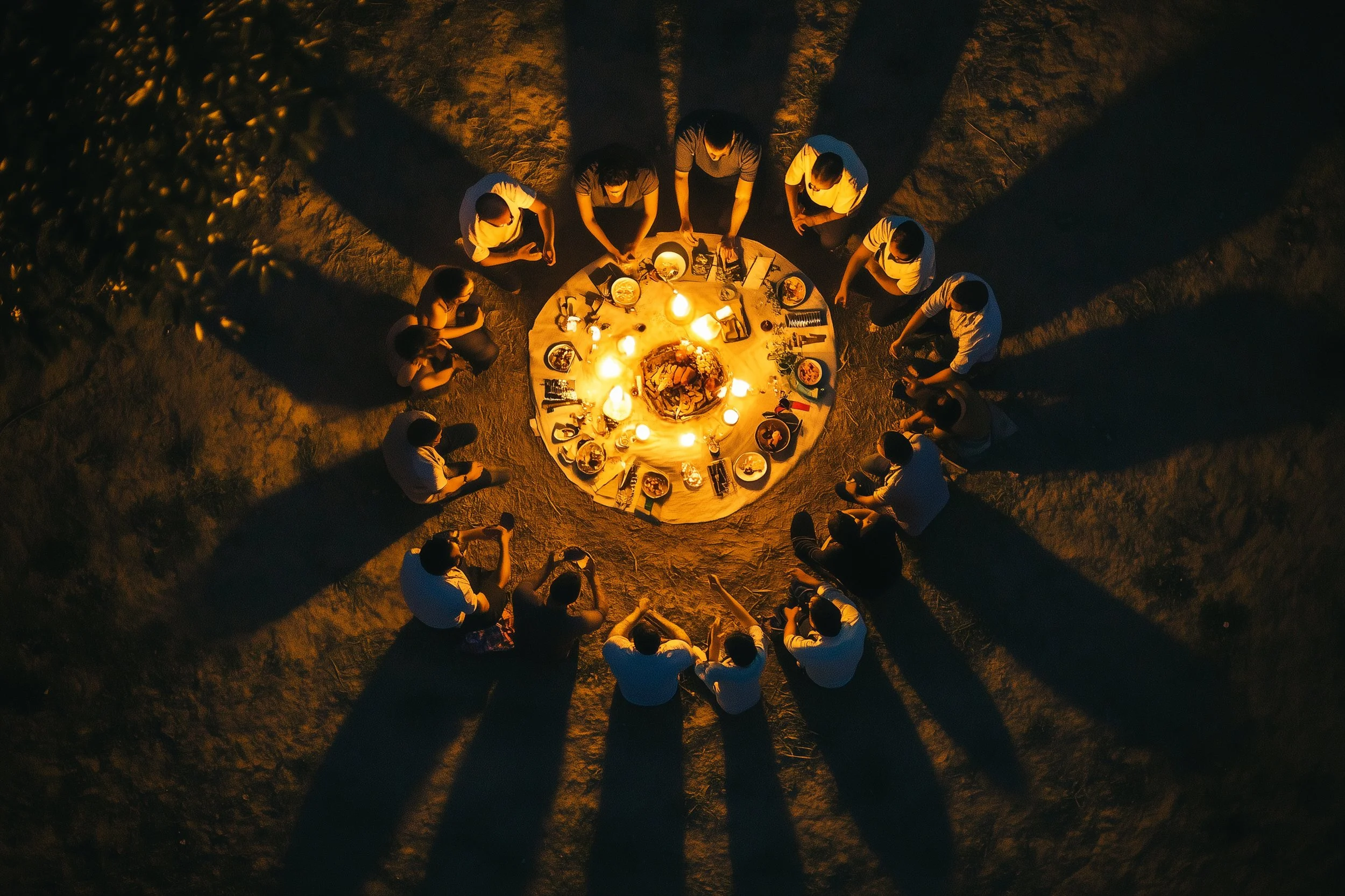 A group of people gathered around a round table outdoors at night, illuminated by candles, sharing a meal.