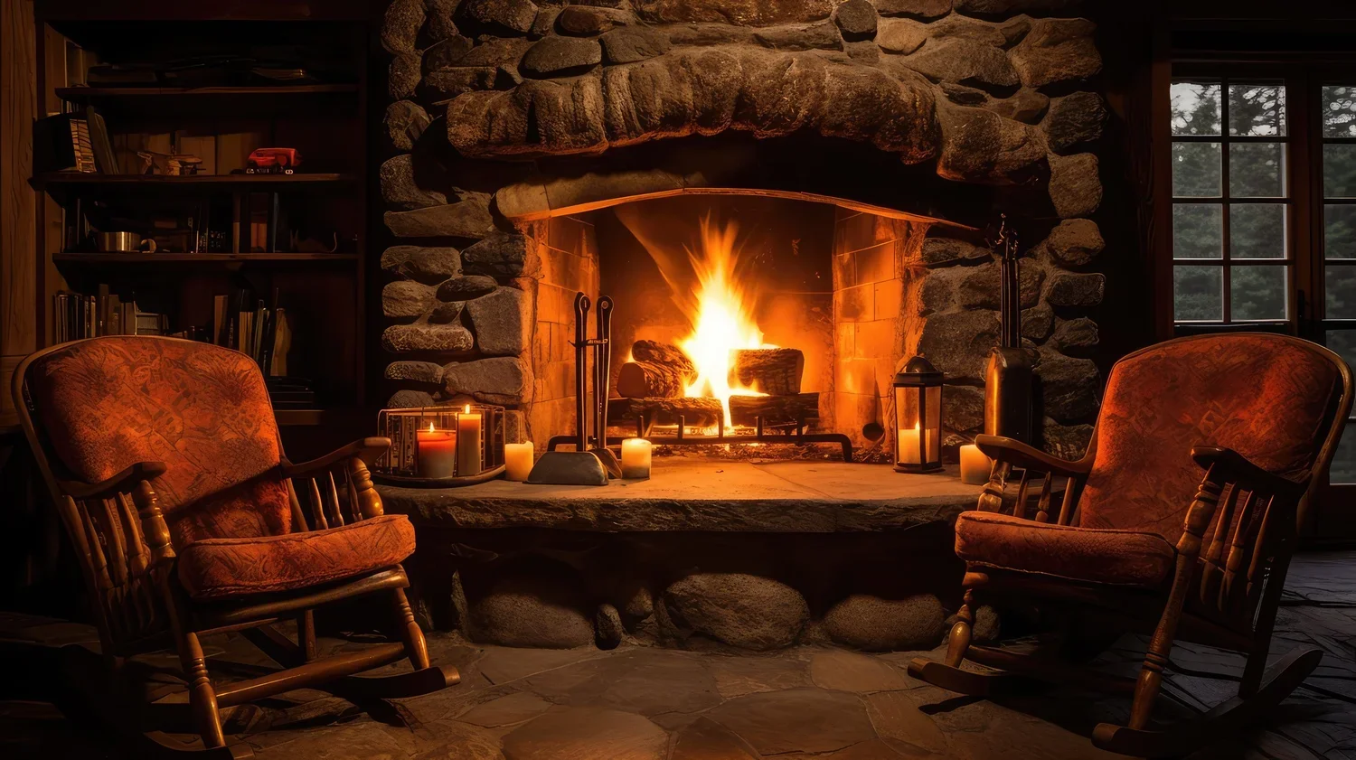Cozy living room with a large stone fireplace burning a fire, two wooden armchairs with cushions, and candles on the stone hearth, surrounded by bookshelves and windows with trees outside.