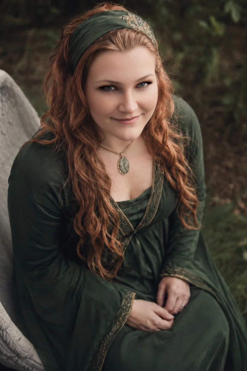 A redheaded woman with curly hair wearing a green medieval-style dress and headscarf, sitting outdoors on a rocky surface, looking at the camera with a gentle smile.
