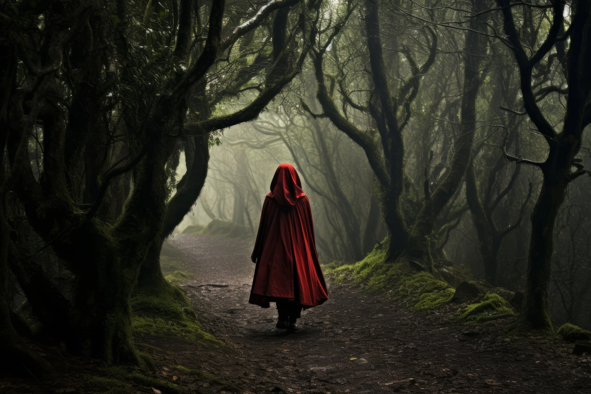 A person in a red cloak walking through a dense, foggy forest with twisting trees and moss-covered branches.