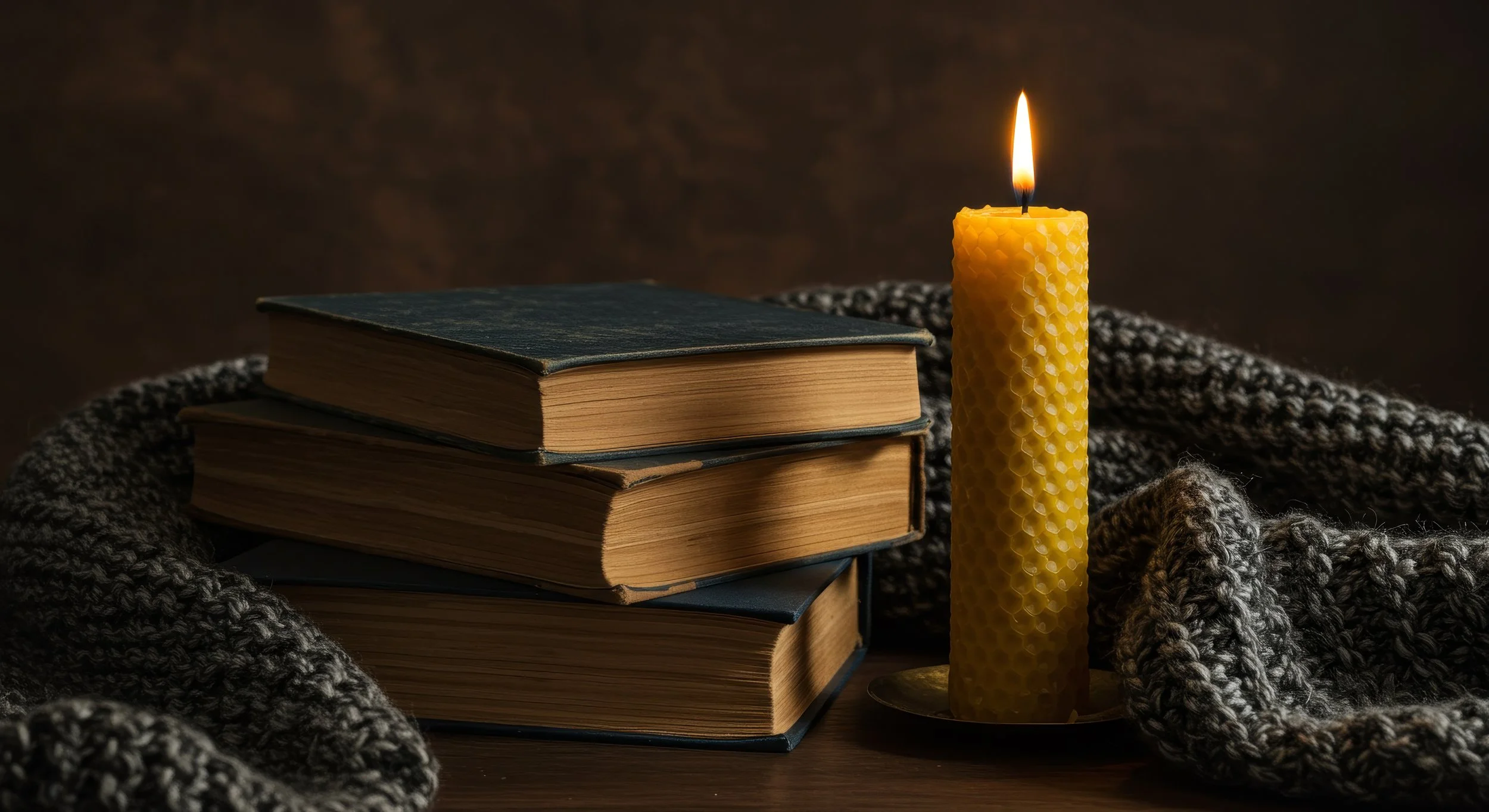 Stack of three old hardcover books with dark covers, a lit yellow beeswax candle, and a gray knitted blanket on a wooden surface, against a dark background.