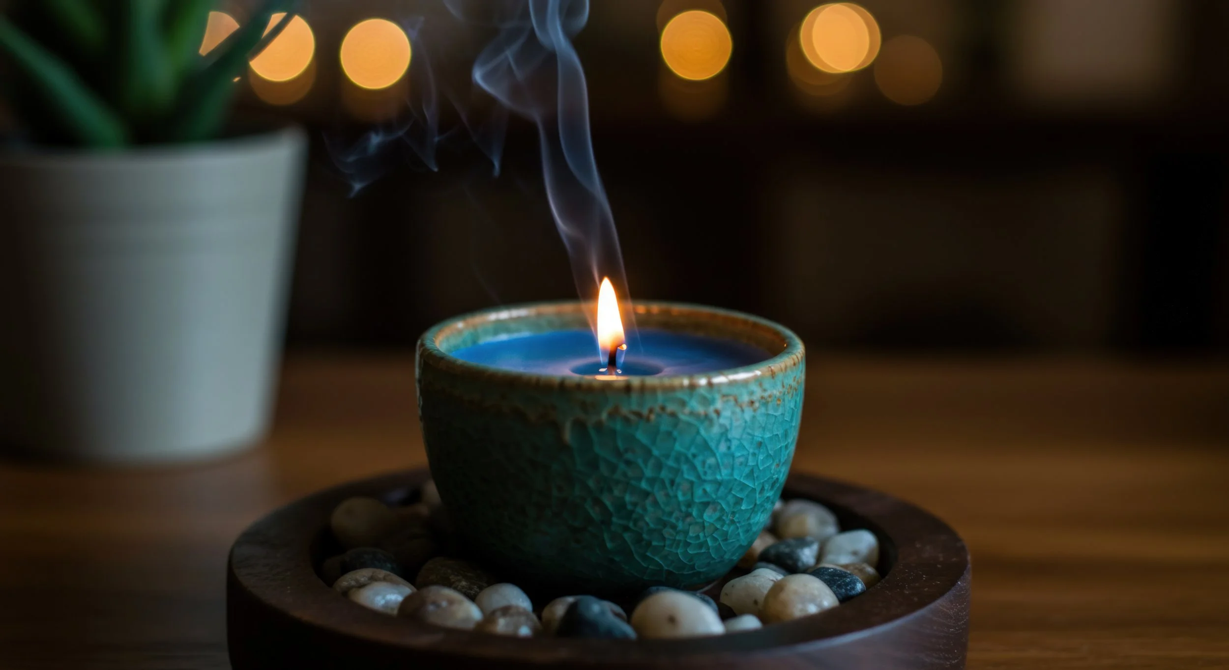 A teal textured candle burning with a small flame, placed on a dark wood tray with white and black stones around it, with a blurred plant in a white pot and warm circular lights in the background.