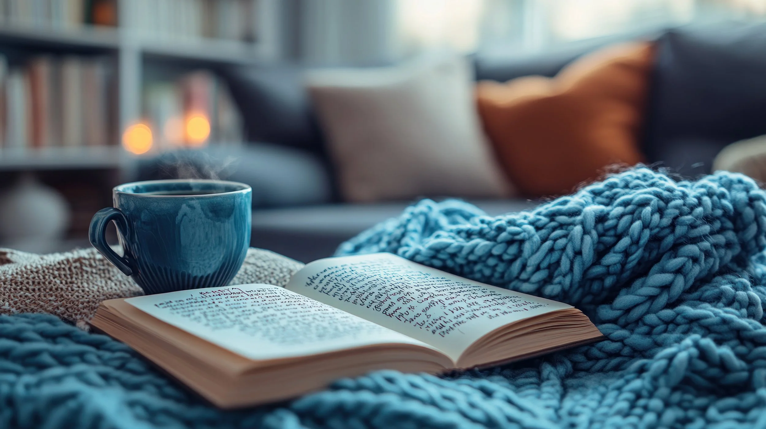 Open book with handwritten text, blue knitted blanket, and steaming coffee mug on a cozy bed with pillows in the background.