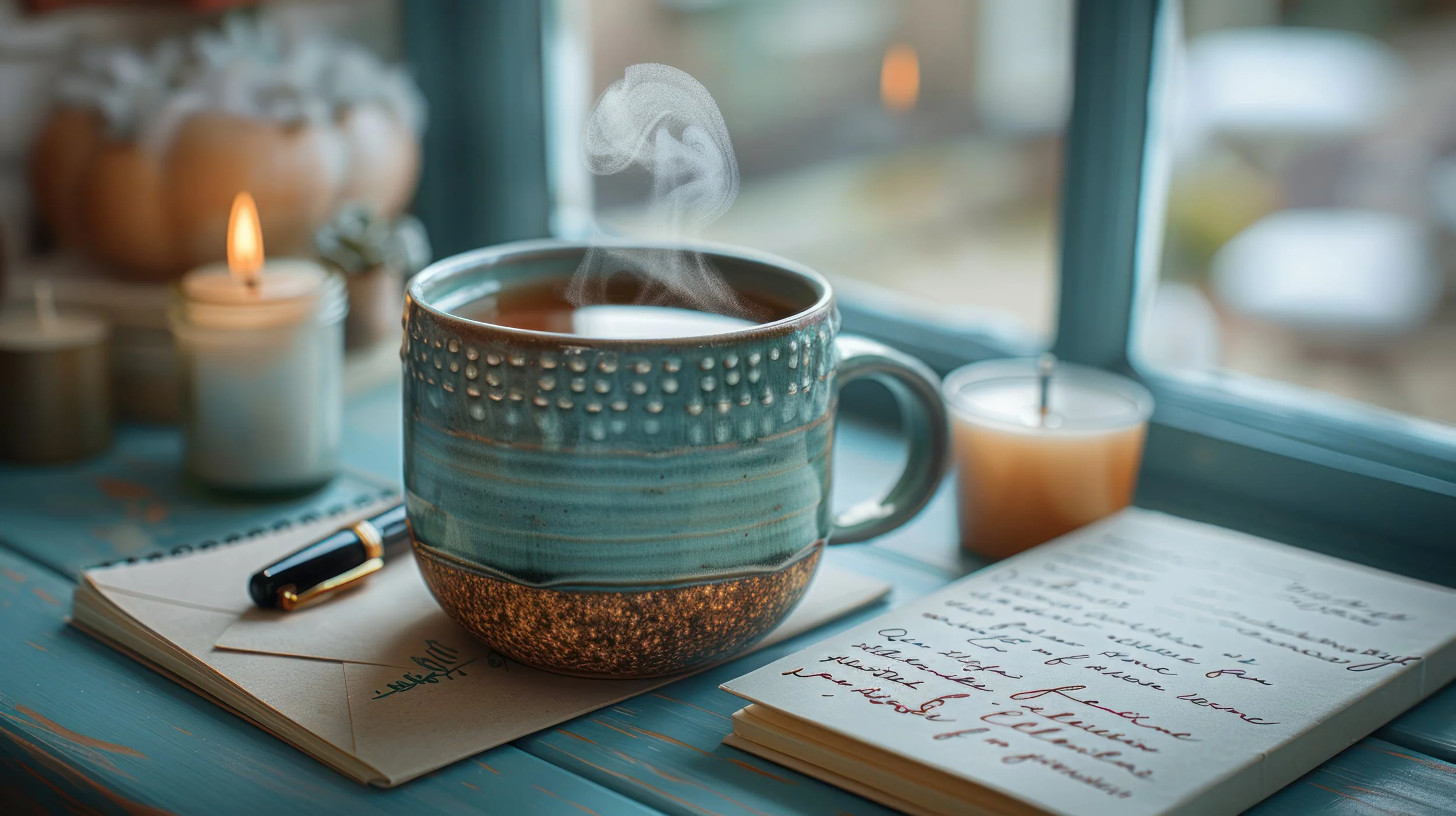 A steaming hot beverage in a ceramic mug on a desk, with candles, notebooks, and handwritten notes nearby, near a window.