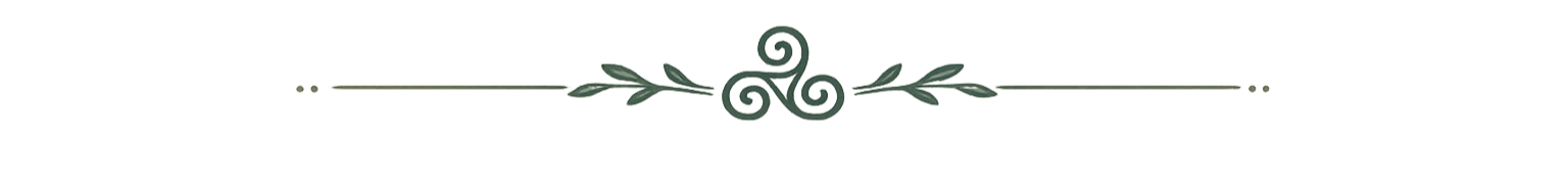 Decorative green flourished emblem with leaves and swirl design.