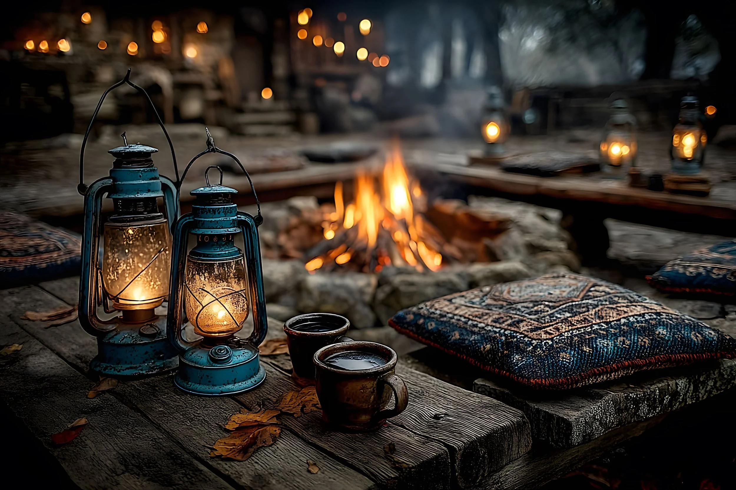 Old-fashioned lanterns illuminated, placed on a weathered wooden table outdoors at dusk, with lit candles and a campfire in the background, surrounded by trees and blankets on the ground.