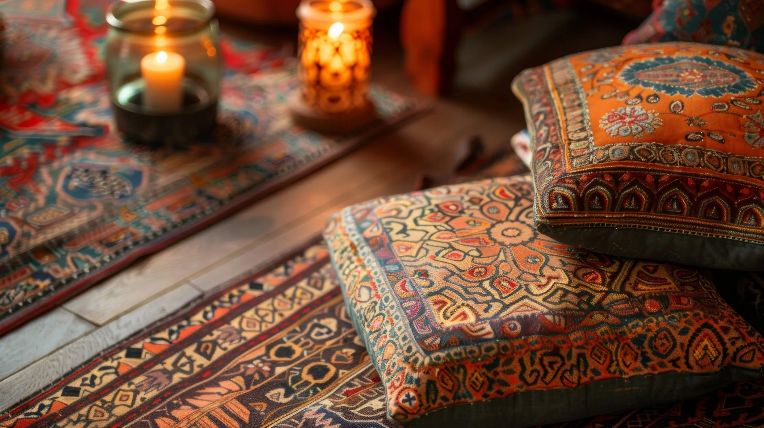 A close-up of decorative cushions in vibrant, intricate patterns on a wooden floor, with illuminated candles in the background creating a cozy, warm atmosphere.