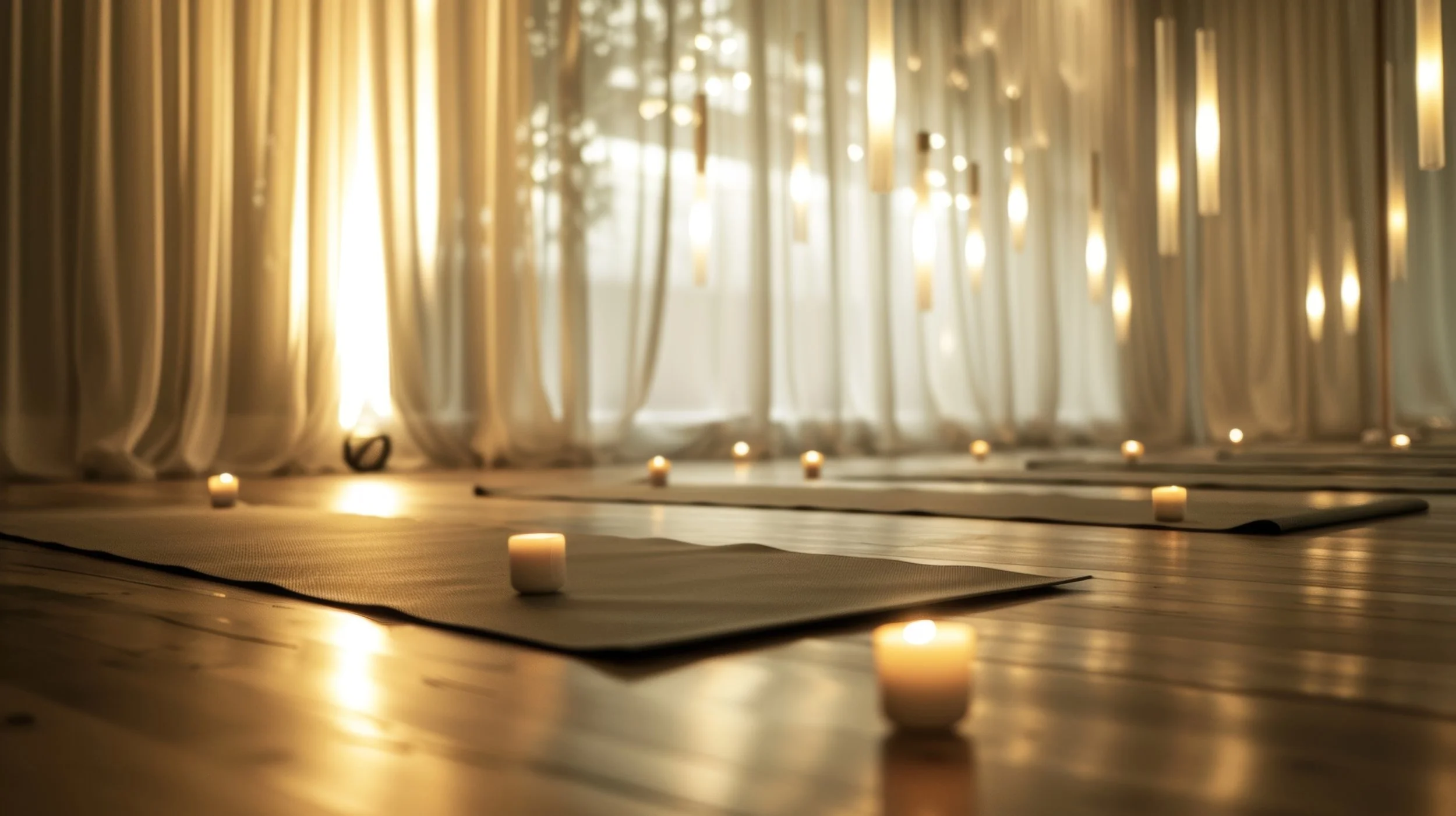 A serene yoga or meditation space with softly glowing candles and sheer curtains illuminated by warm sunlight.