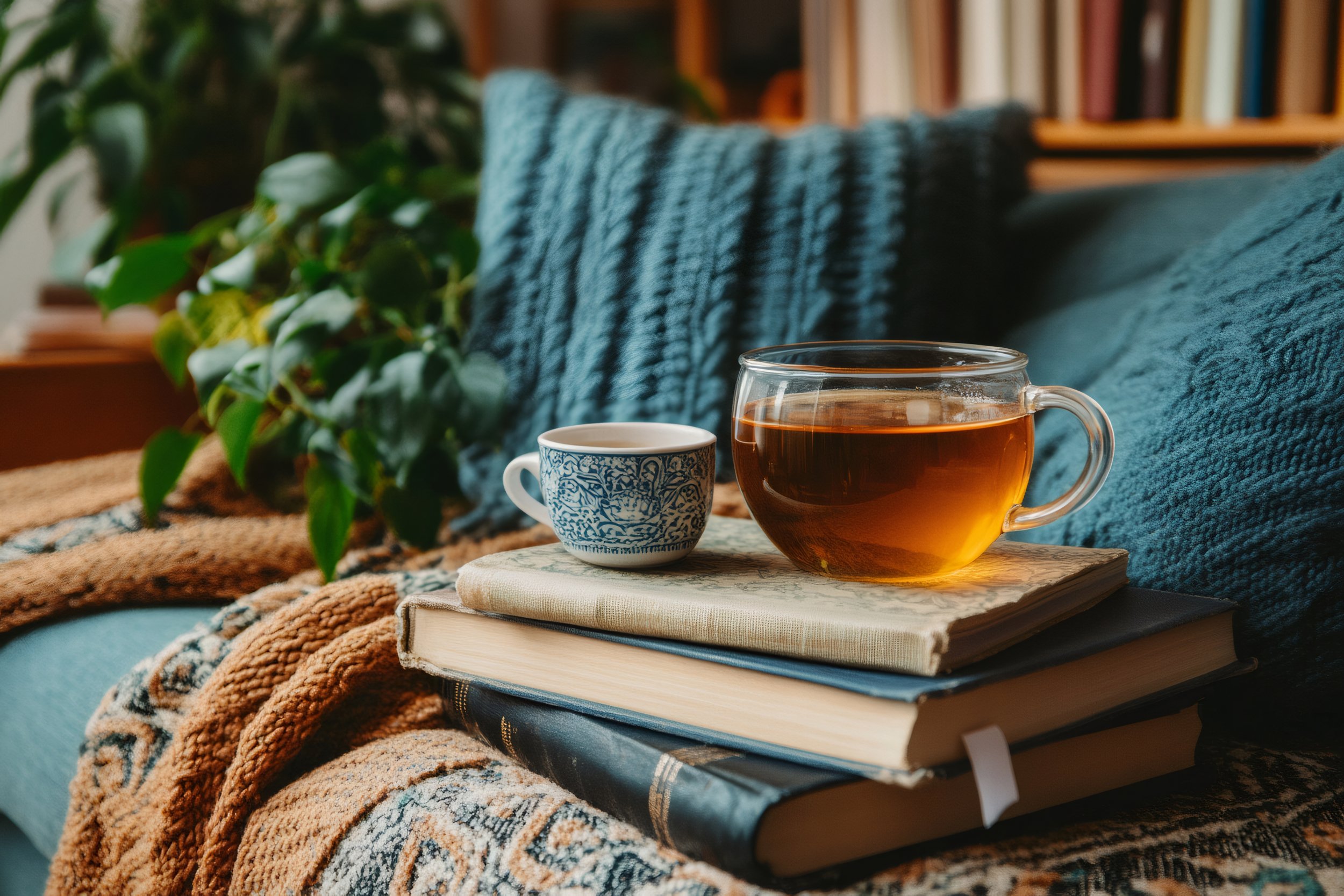 A cozy scene with a glass teapot filled with tea and a patterned teacup on a small stack of books, surrounded by knitted blankets and greenery in the background.