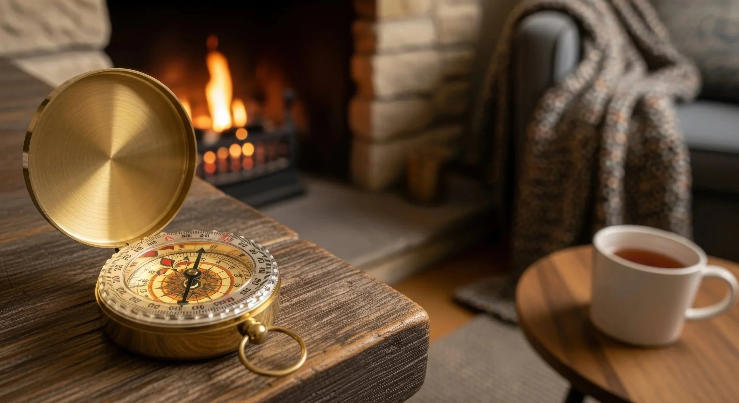 A gold-colored pocket compass with its lid open on a wooden table, with a fireplace and a patterned blanket in the background, and a white mug of tea on a small wooden plate.