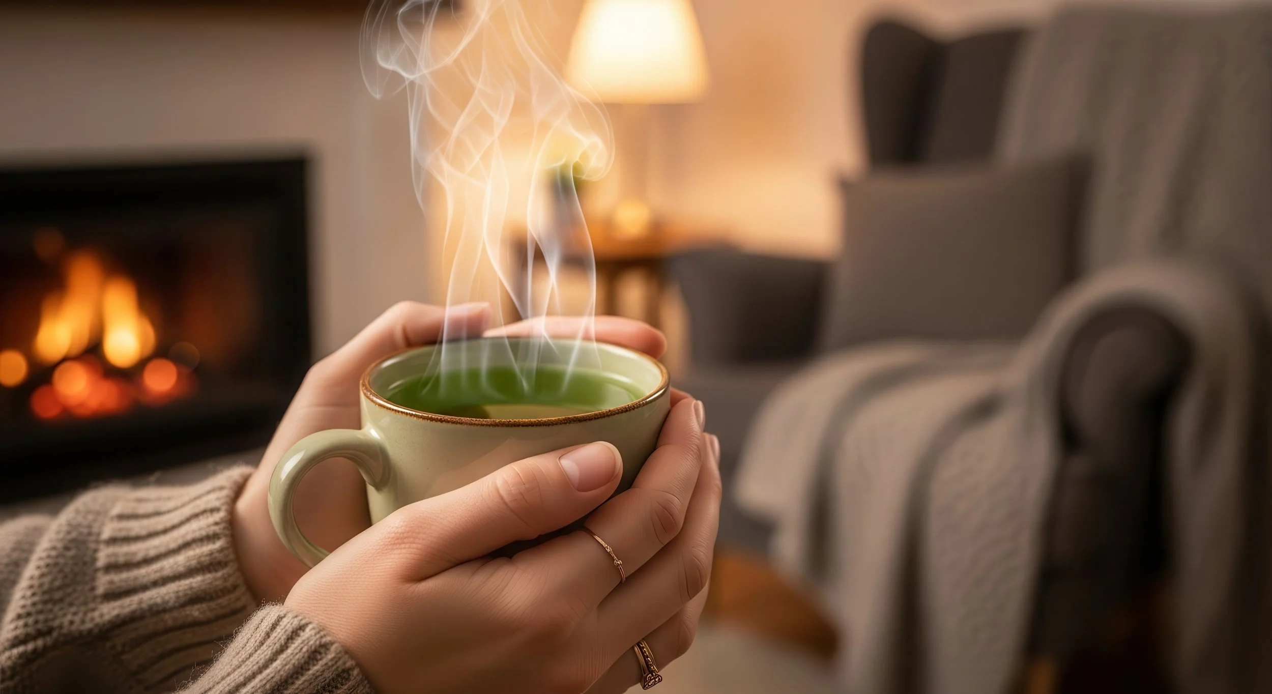 Person holding a steaming cup of green tea in a cozy living room with a fireplace in the background.