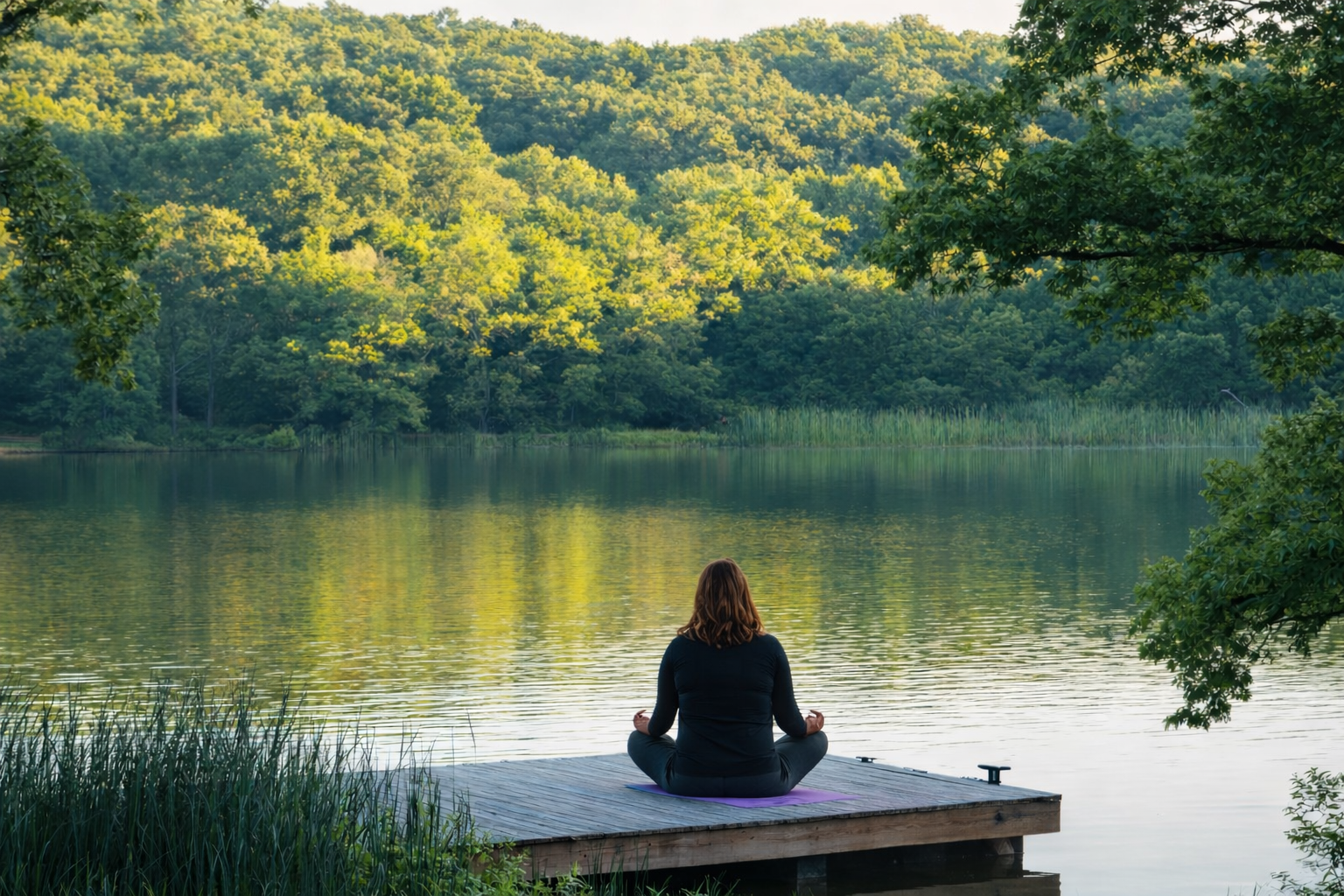 A woman sitting cross-legged on a wooden dock by a lake, practicing meditation or yoga with a backdrop of lush green trees and reflections on the water.