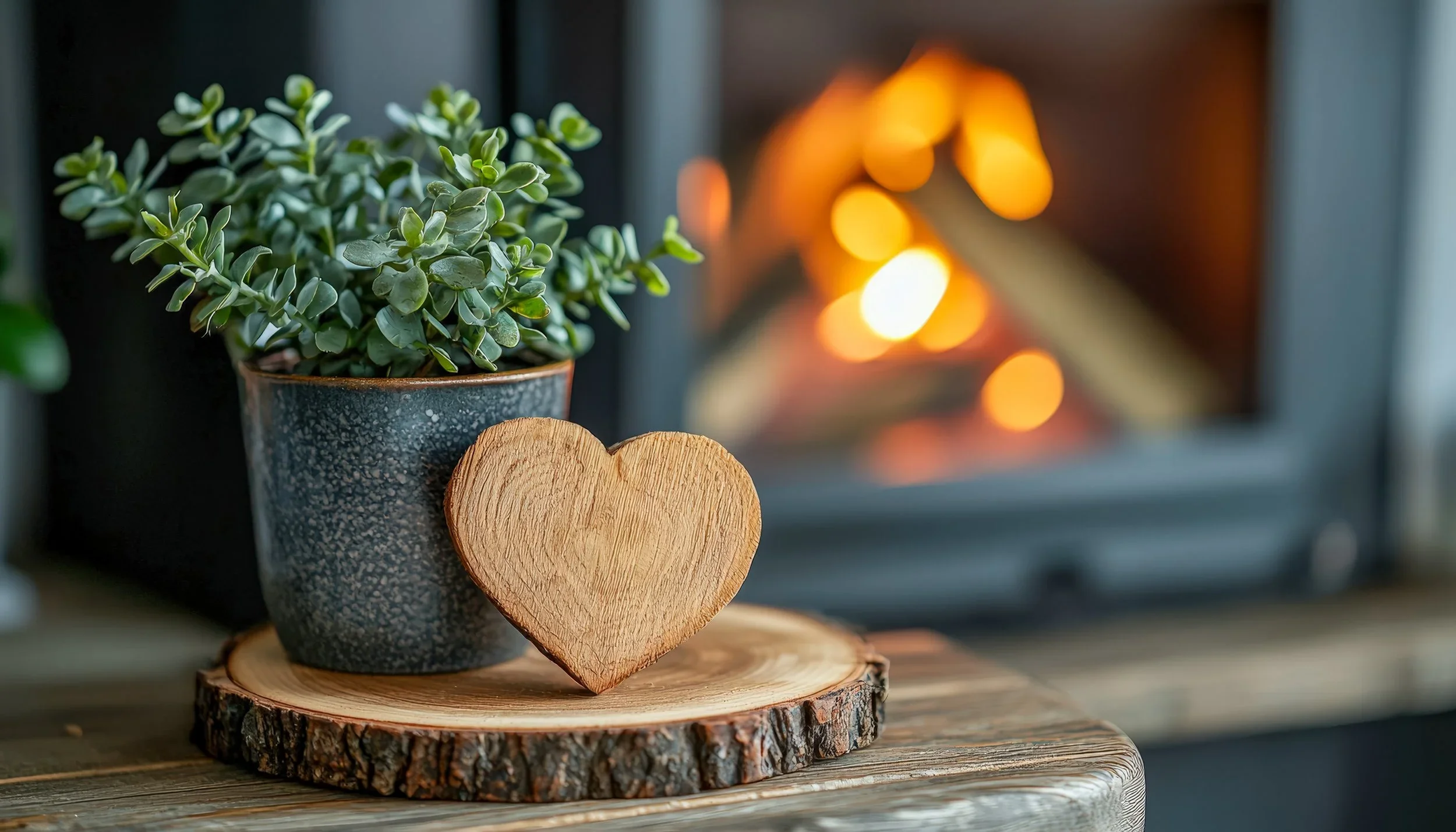 A potted plant with green leaves on a wooden surface, a carved wooden heart, and a round wood slice, with a blurred fireplace with orange flames in the background.