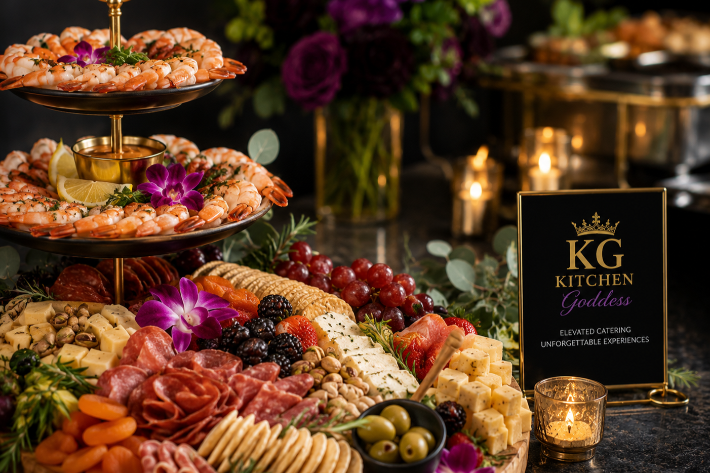 Elegant catered food display with assorted cheeses, fruits, nuts, crackers, meats, and shrimp, decorated with purple flowers, greenery, and a black sign reading 'KG Kitchen Goddess, Elevated Catering Unforgettable Experiences,' in a dimly lit setting with candles.