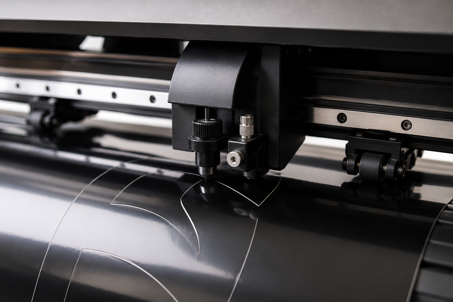 Close-up of a vinyl cutter machine with a cutting blade and metal rollers, cutting white lines into black vinyl.