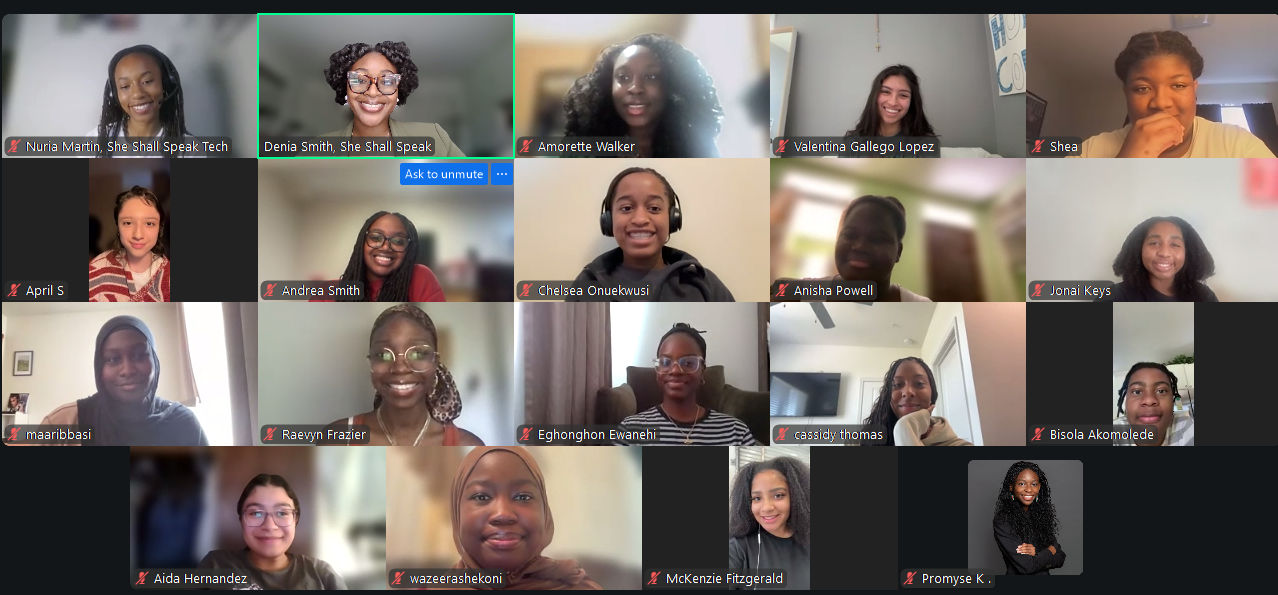Screenshot of a virtual meeting with 18 young women, some smiling, some with headphones, in various home settings.
