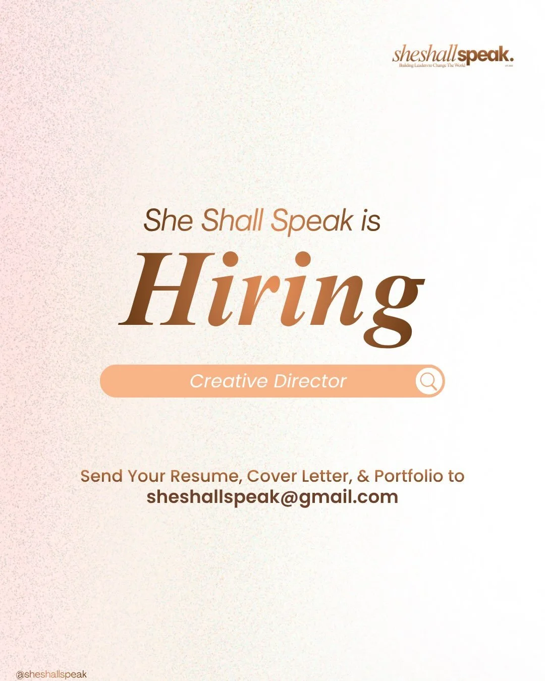 ✨ We&rsquo;re growing our team! ✨

She Shall Speak is looking for a Creative Director to help shape the future of our brand and amplify the voices of the young women we serve.

If you&rsquo;re passionate about storytelling, social media, graphic desi