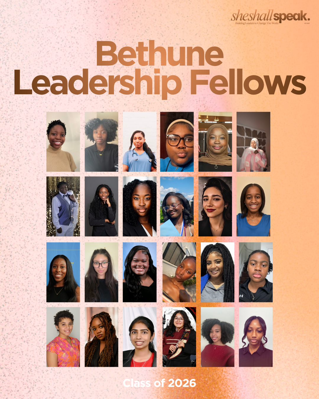 Cover page featuring the title 'Bethune Leadership Fellows' with headshots of young women arranged in a grid, and the text 'Class of 2026' at the bottom. The background is pink with a speckled pattern, and the logo 'shesallspeak' appears in the top right corner.