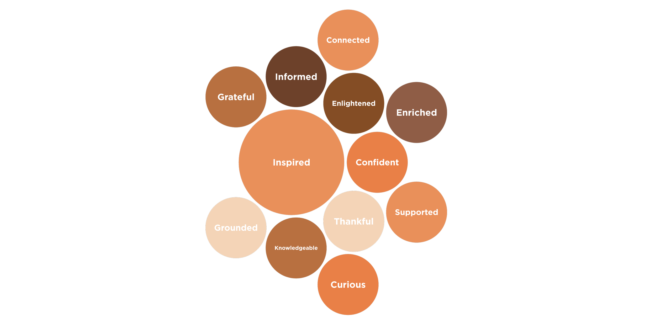 A diagram with circular nodes of various sizes in shades of orange, brown, and beige, each containing a positive emotion or personal quality such as Inspired, Confident, Supported, Curious, Grounded, Grateful, Informed, Connected, Enlightened, Enriched, Thankful, Knowledgeable.