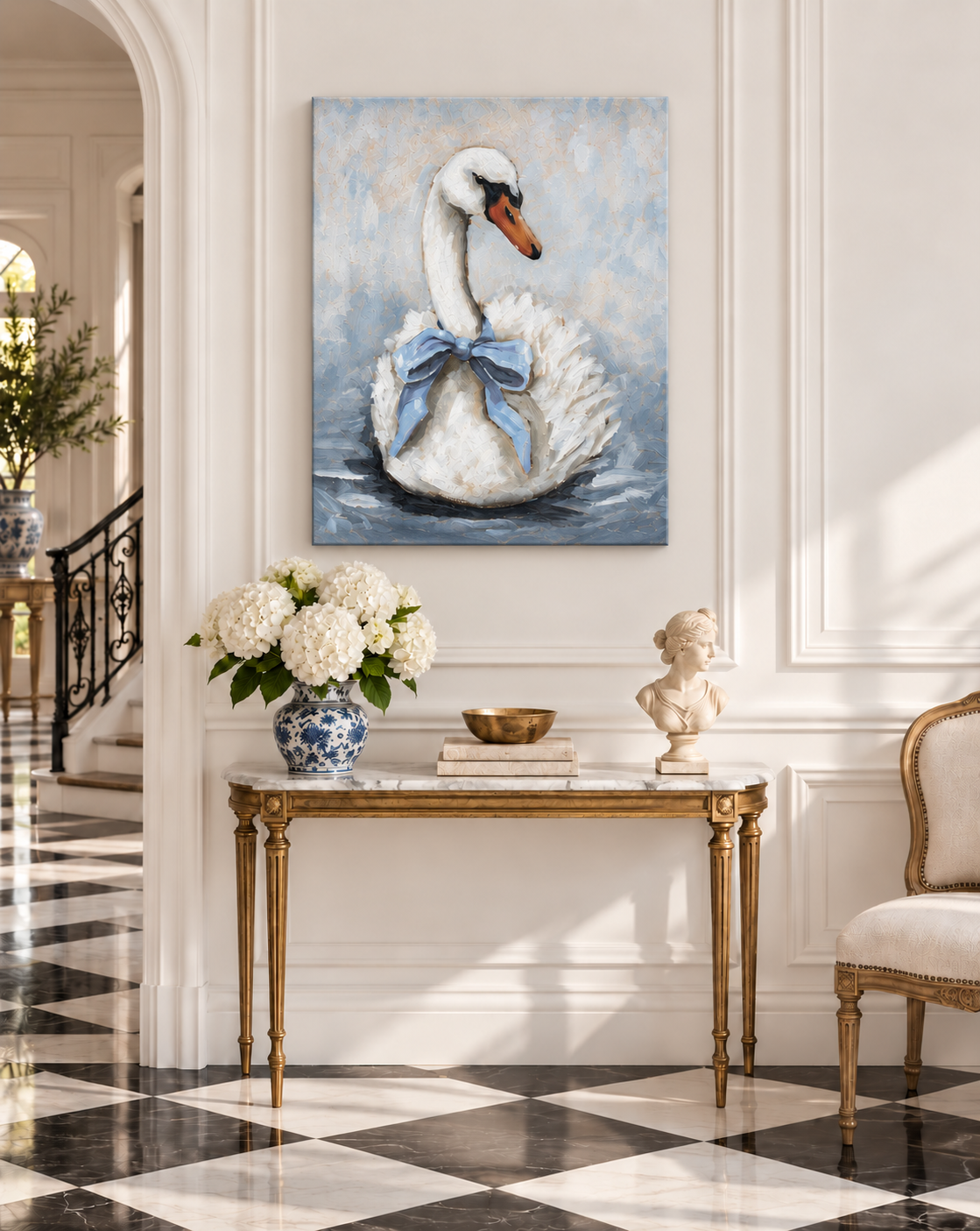 Unframed Swan Canvas in Elegant Room.png