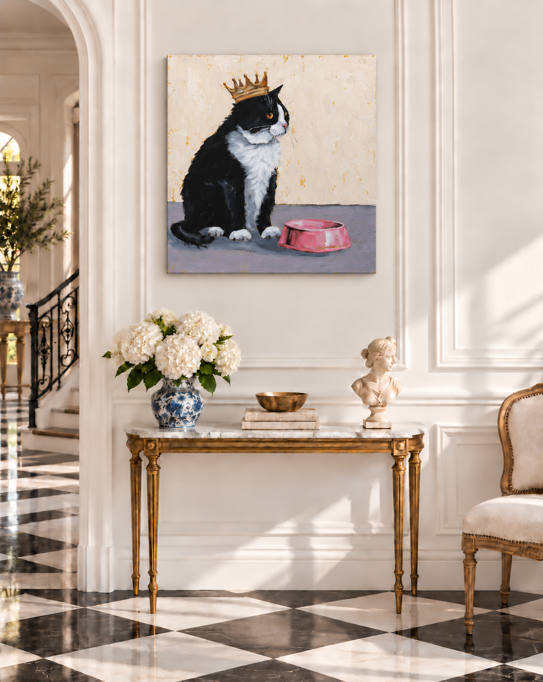 Crowned tuxedo cat dinner on ivory.png