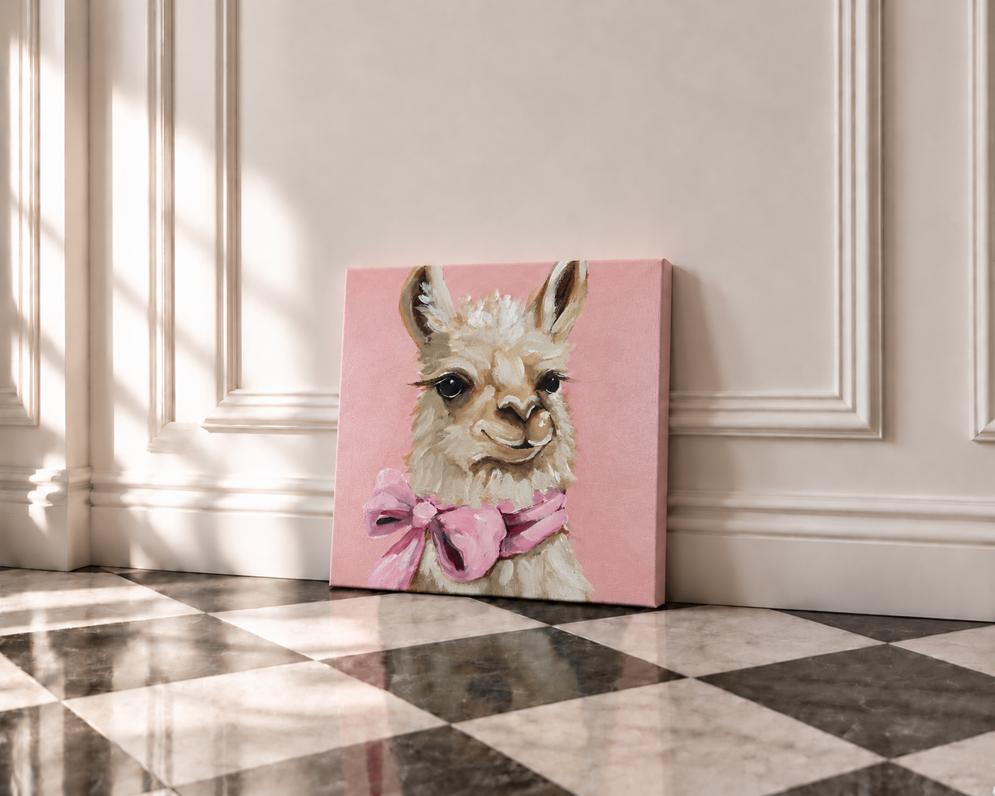 Pink-bow llama canvas in refined interior.png