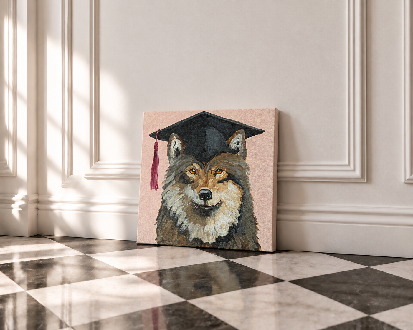 Small wolf graduation canvas, checkerboard room.png