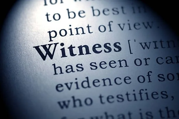 Close-up of a dictionary page showing the word 'Witness' and its definition.