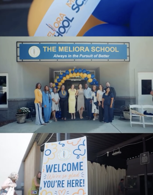 Group of people standing in front of The Meliora School entrance with balloons, and a welcome sign with colorful decorations at an event.