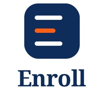 A logo with a dark blue rounded square containing three white lines and one orange line, with the word 'Enroll' written below in dark blue text.