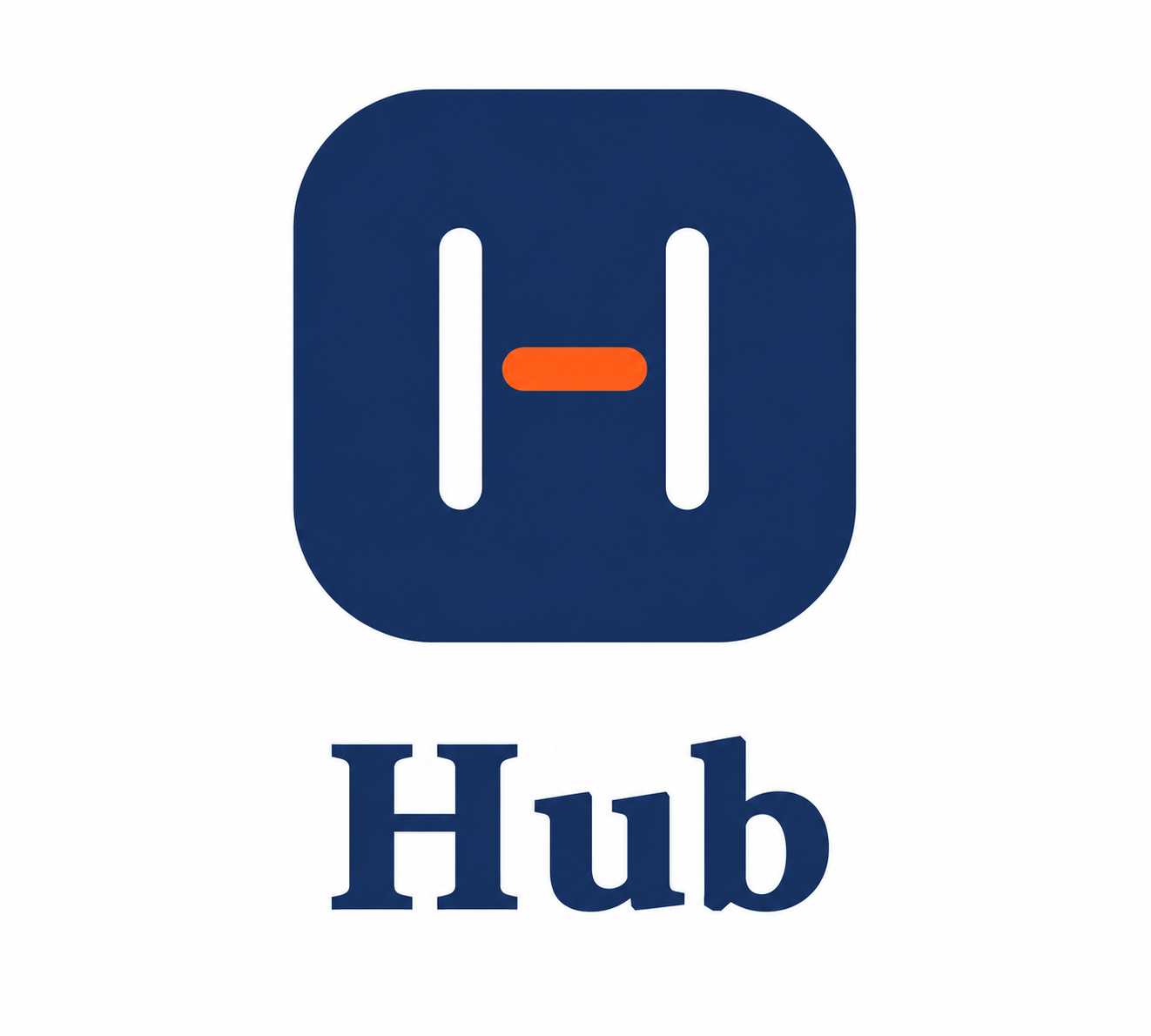 Logo for Hub, featuring a dark blue square with rounded corners, an orange horizontal line in the center, and white vertical lines on either side resembling a stylized letter H. The word "Hub" is written below in dark blue capitalized font.