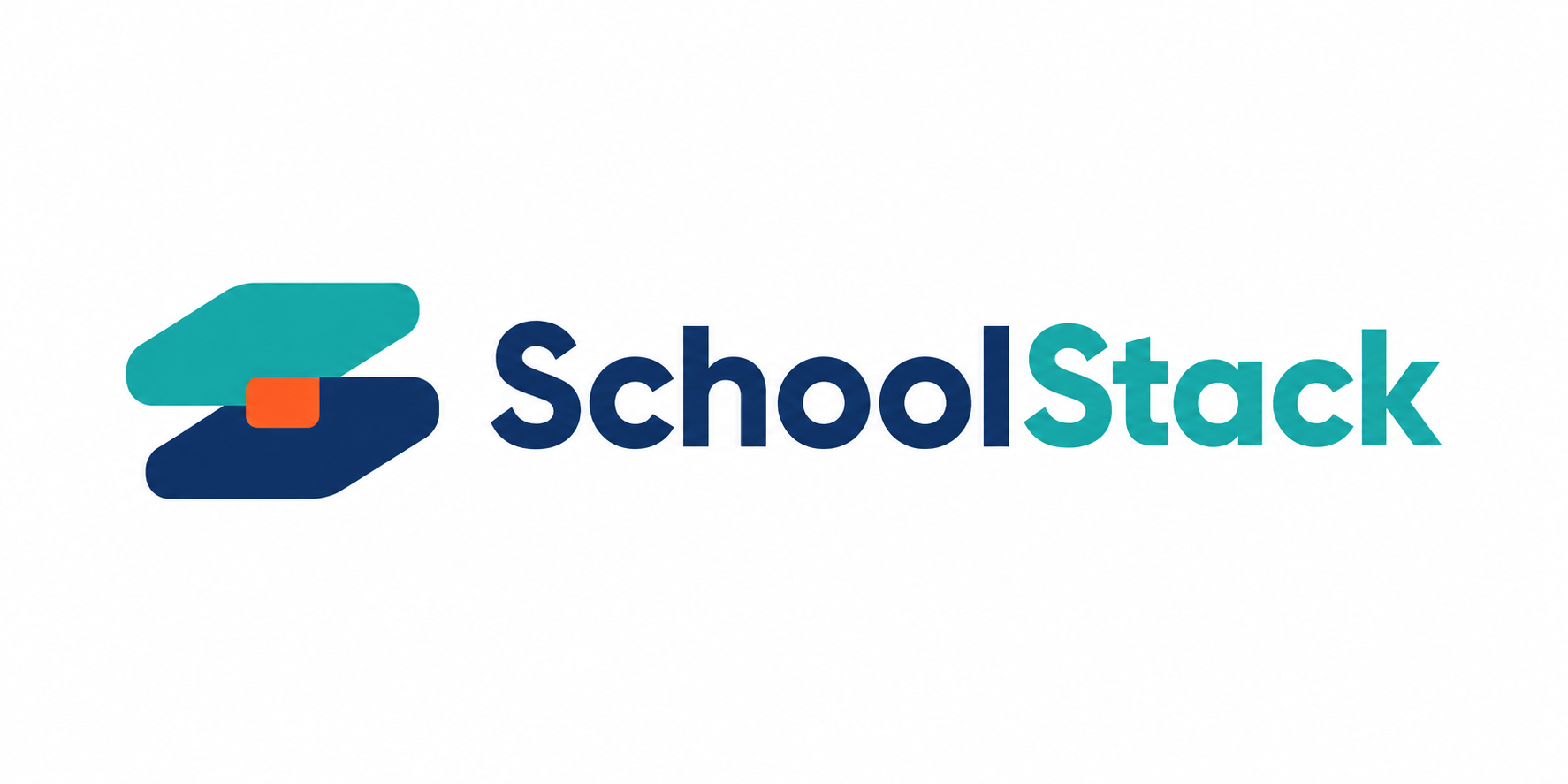 SchoolStack logo featuring an abstract, layered shapes icon in teal, navy blue, and orange next to the text 'SchoolStack' in navy and teal font.