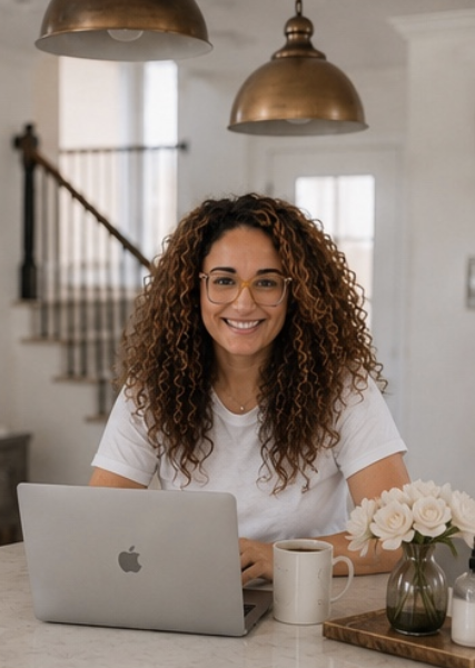 Young woman with curly hair and glasses working on a laptop in a bright, modern kitchen with white walls and pendant lights.