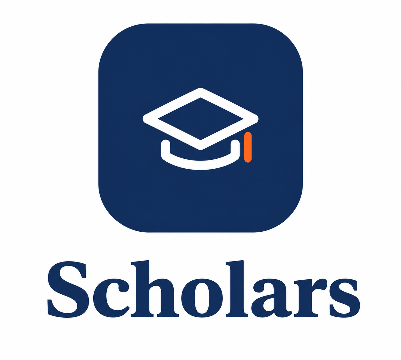 Logo with a blue background featuring a white graduation cap and an orange accent, and the word 'Scholars' in bold blue text.