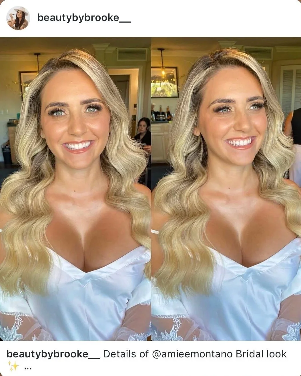 Side-by-side photos of a smiling woman with long, wavy blonde hair, wearing a white off-shoulder top with lace details, in a well-lit room with a kitchen in the background.