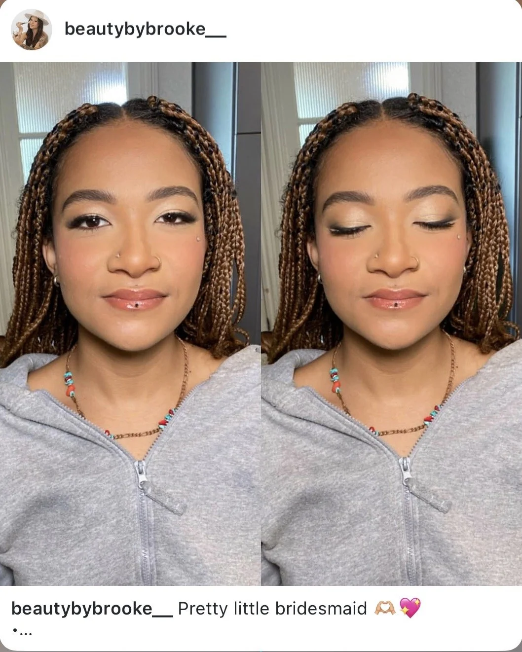 Side-by-side photos of a young woman with braided hair, makeup, and jewelry, wearing a gray zip-up hoodie, smiling with eyes open in the left image and eyes closed in the right image.