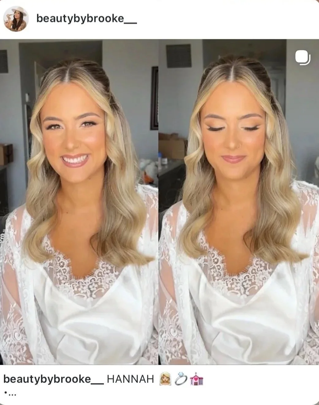 Comparison photo of a woman with blonde hair, smiling in the first image with makeup on and eyes open, and with eyes closed in the second image, wearing a white lace top, in a room with neutral-colored walls.