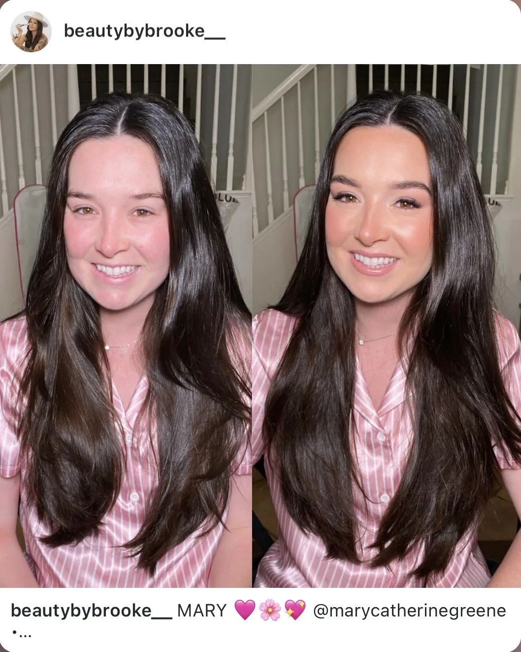 Side-by-side photos showing a woman before and after using makeup and hairstyling to enhance her appearance. She is smiling in both images, wearing a pink and white striped shirt, with dark, long hair, indoors near a staircase.