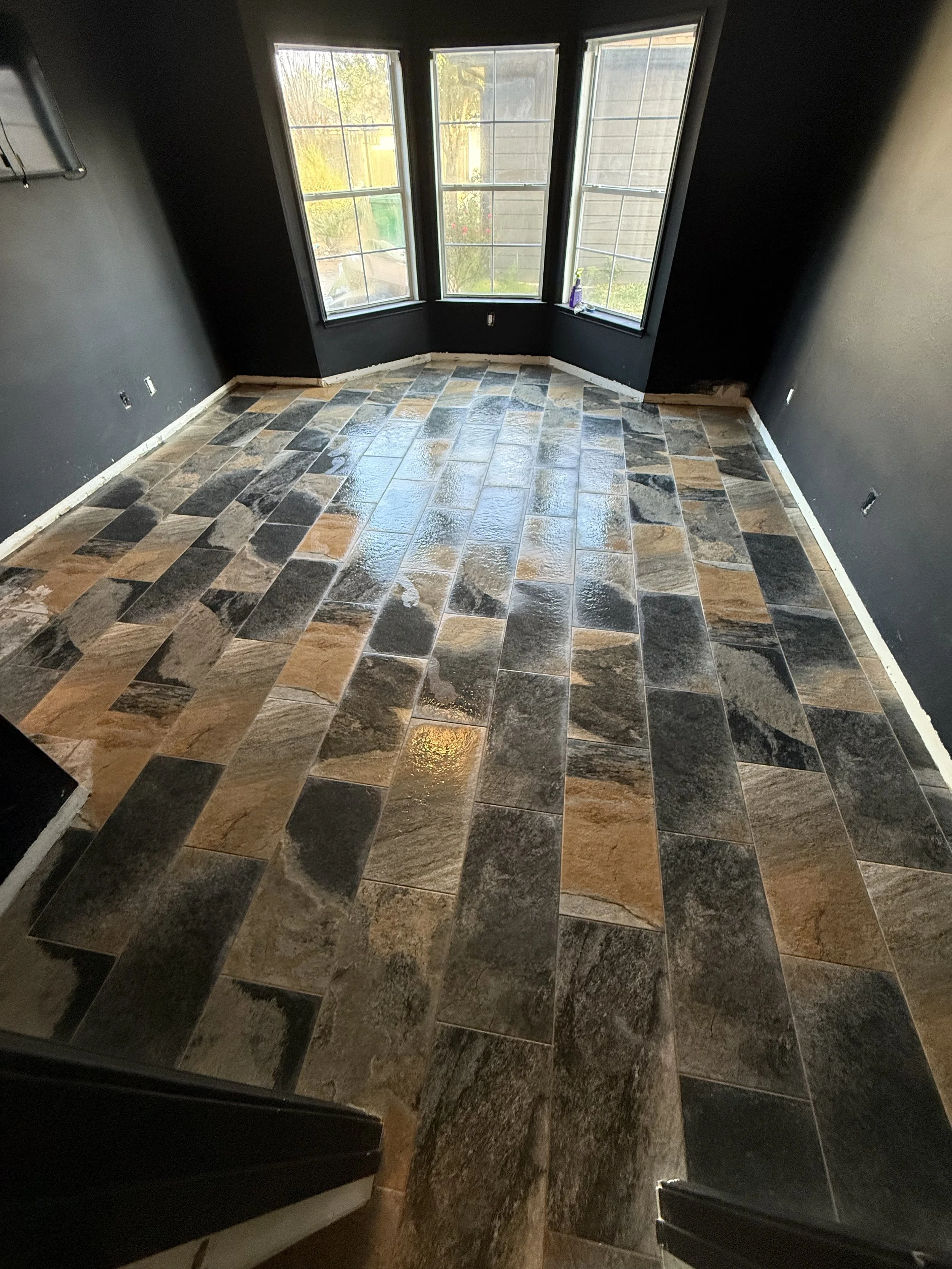 Custom stone style tile floor installation in Conroe Tx & Greater Houston by Prestige Tile Solutions