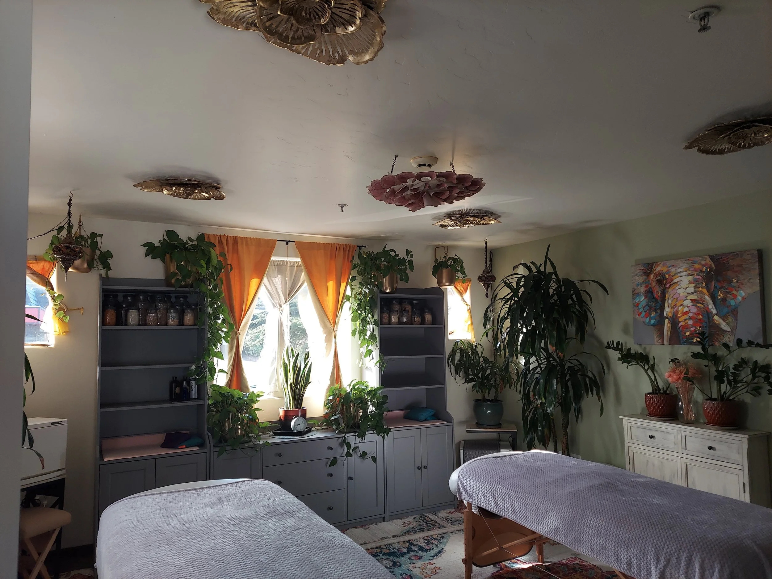 A room with beige walls and large windows with orange curtains, decorated with houseplants, a painting, and antique-style furniture. The ceiling features floral-shaped lighting fixtures.