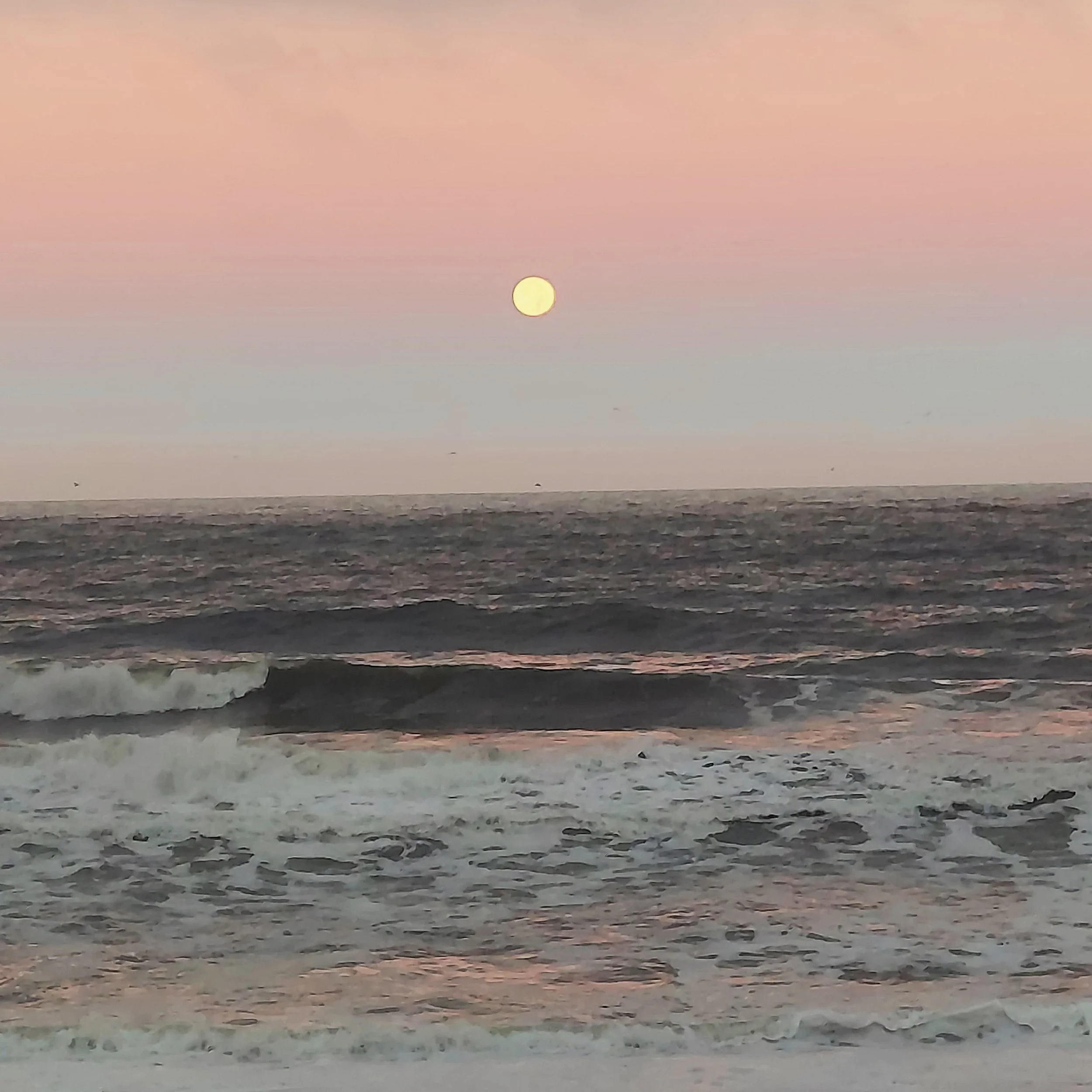 Sun setting over a beach with waves crashing on the shore, pastel pink and gray clouds in the sky.