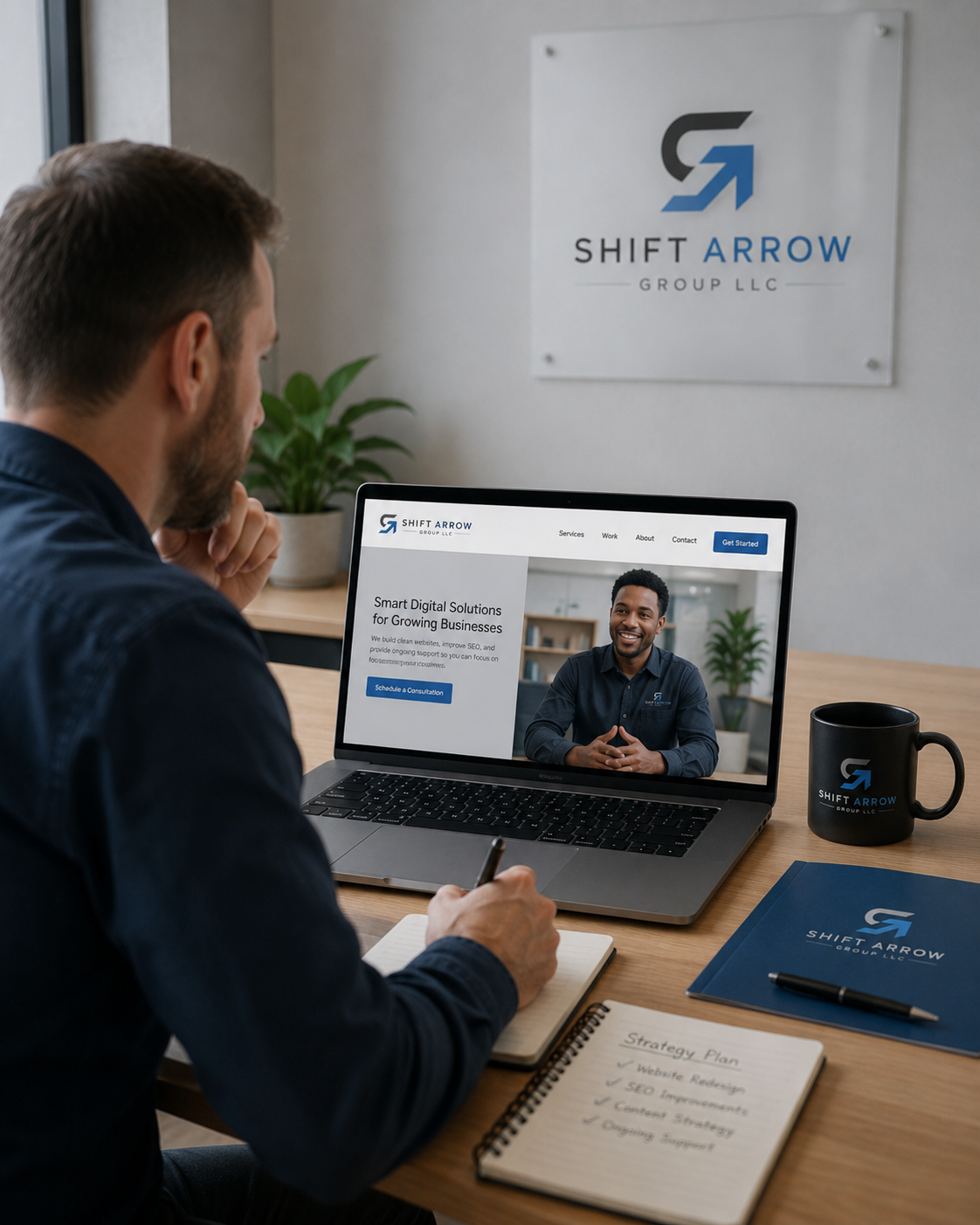 Website strategy consultation with project notes for a Shift Arrow Group client build