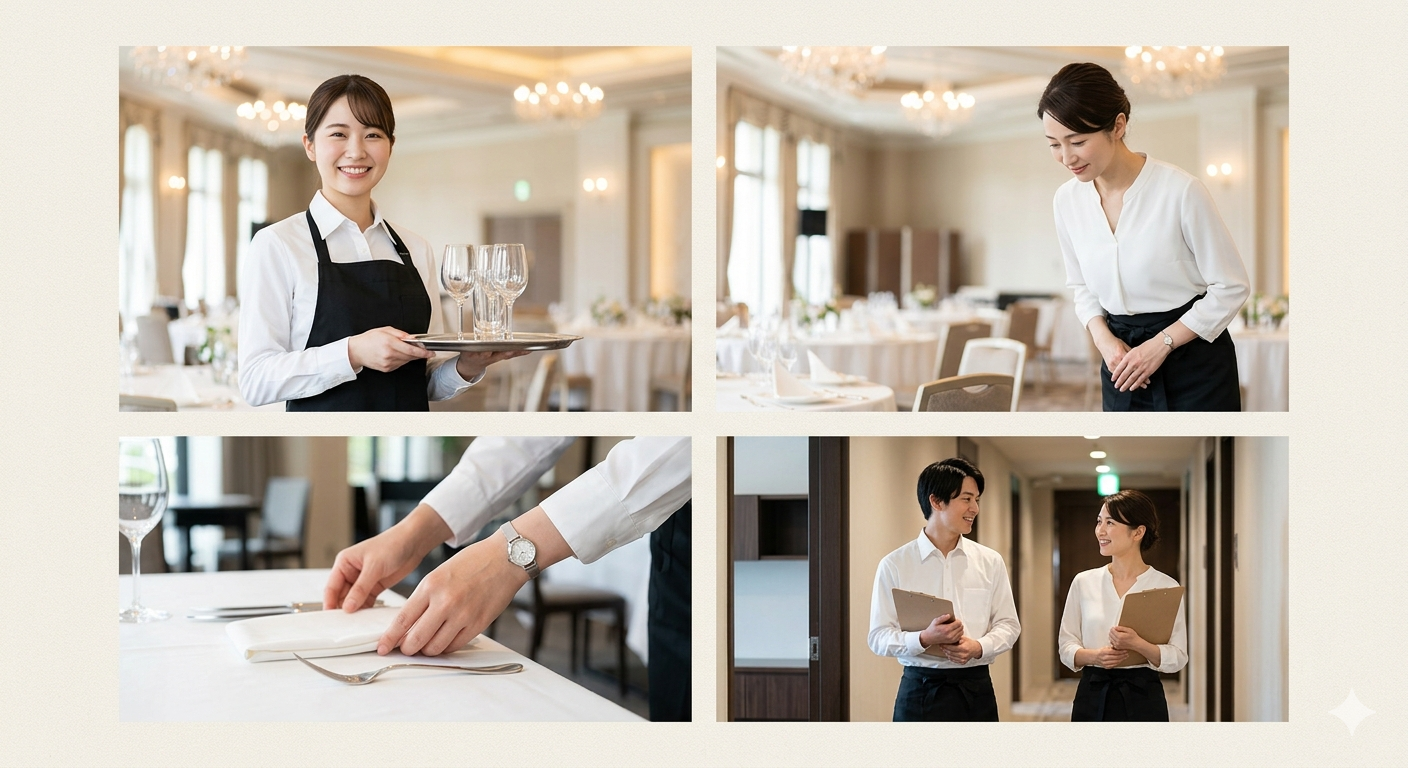 ウェイターとウェイトレスがレストランの準備や会話をしている様子