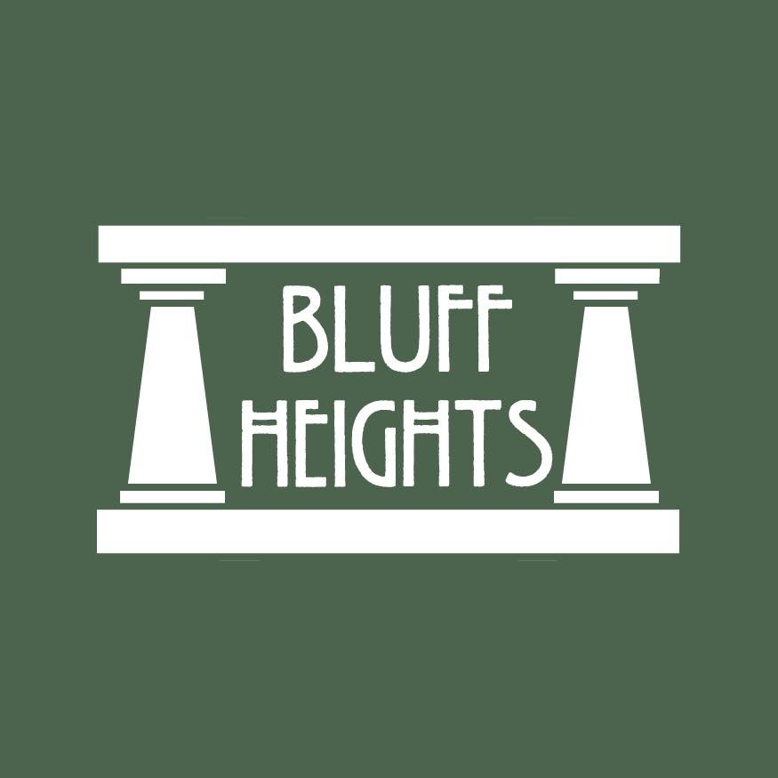 Logo for Bluff Heights featuring stylized white columns and text on a green background