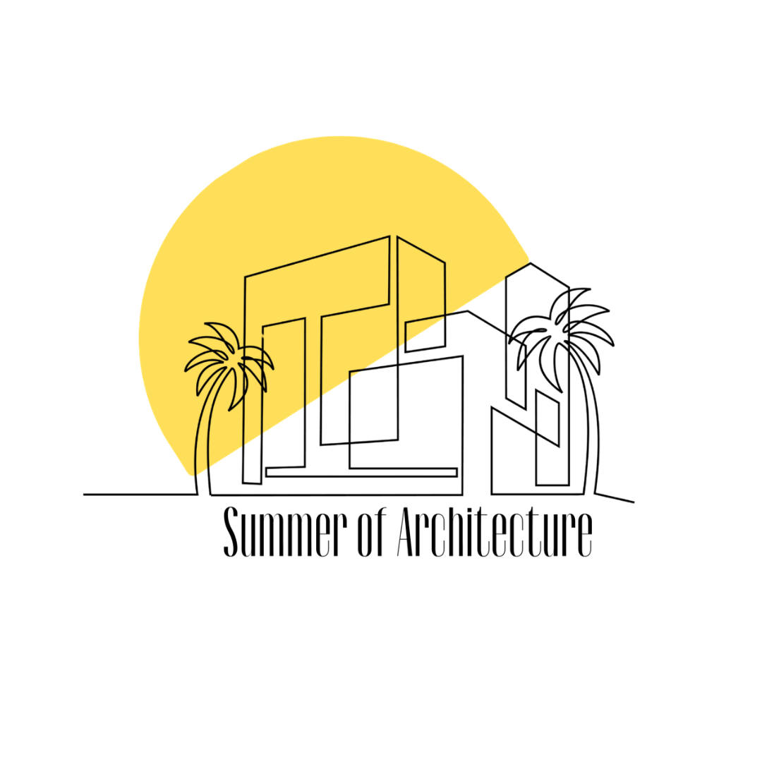 Minimalist line drawing of modern buildings with palm trees in front, a yellow semicircular background, and text "Summer of Architecture".