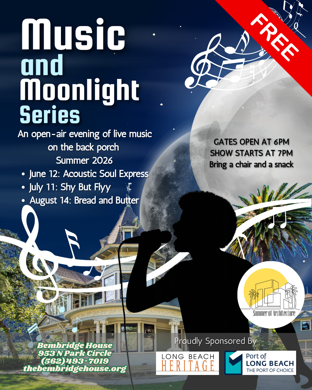 Poster for 'Music and Moonlight Series,' an outdoor live music event at Bembrige House, summer 2026, with dates June 12, July 11, August 14, featuring different bands, gates open at 6PM, show starts at 7PM, bring chairs and snacks, with night sky and moon background, silhouette of a boy singing, and logos of sponsors.