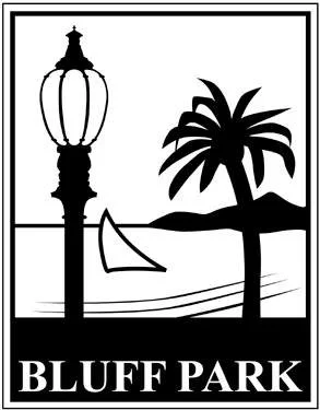 A black-and-white logo for Bluff Park featuring a street lamp, a palm tree, a sailboat on water, and the text 'BLUFF PARK' at the bottom.
