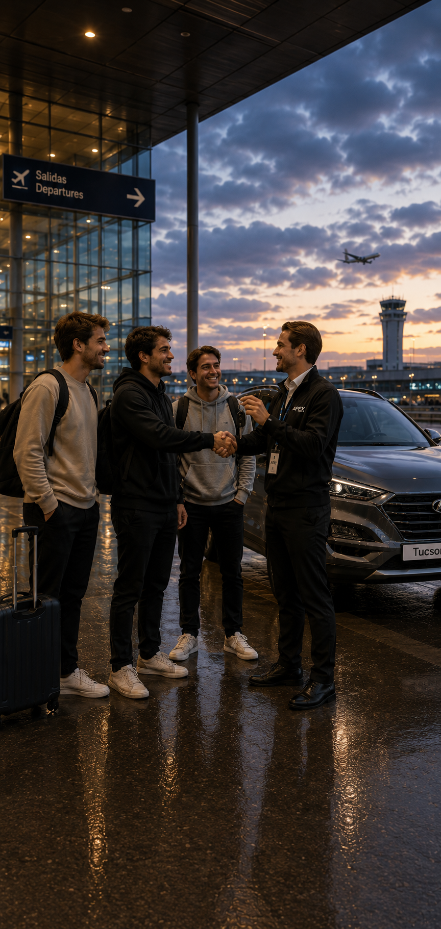 Group of travelers picking up a Hyundai Tucson rental at Miami Airport with Apex Rent A Car for their Miami adventure.