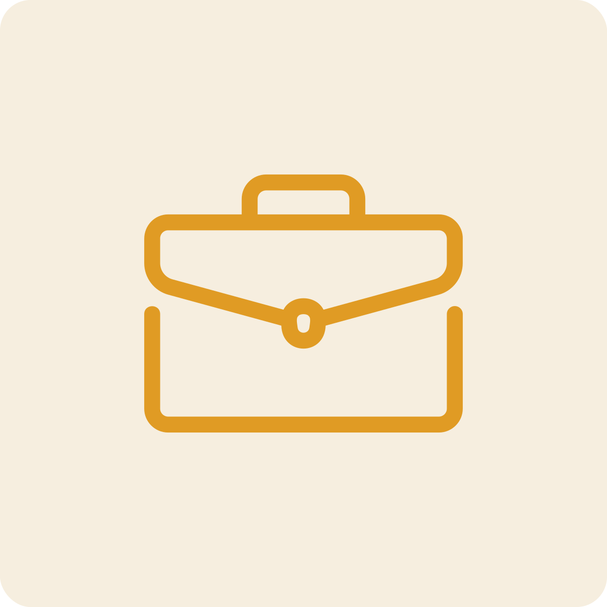 Outline of a briefcase icon in gold on a beige background.