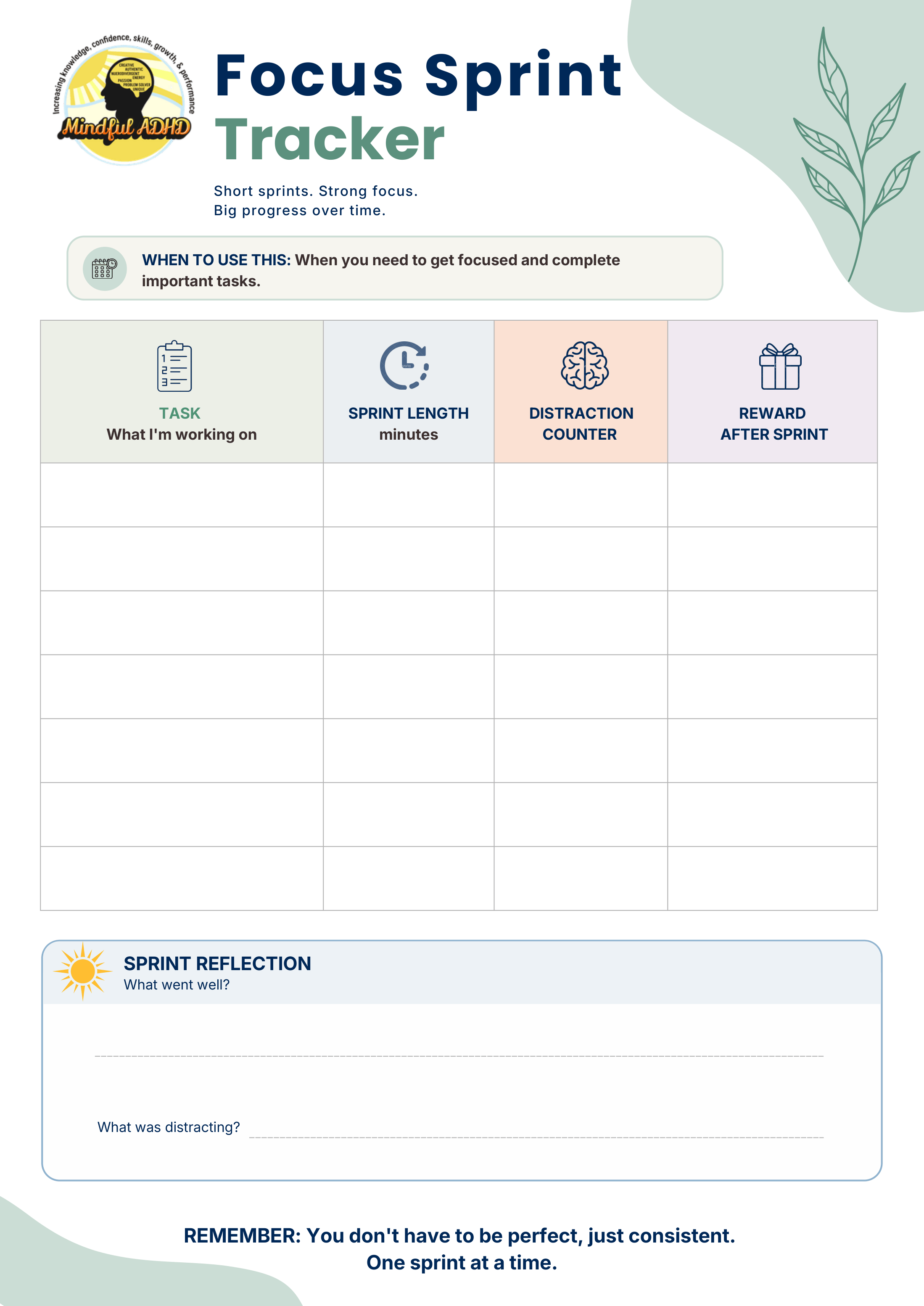 A focus sprint tracker sheet with sections for tasks, sprint length, distraction counter, and reward after sprint, designed for monitoring short sprints, strong focus, and progress. Includes tips for effective sprints and reflection on what went well and distractions.